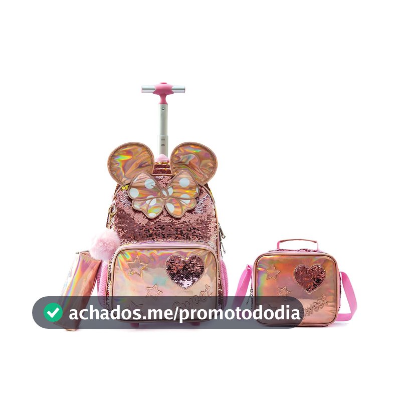 Mochilas de Rodinhas Infantis CUTBLAJAT - Kit Bolsa Feminina, Lancheira e Estojo, Rosa com Brilho Dourado e Detalhes de Borboleta e Coração