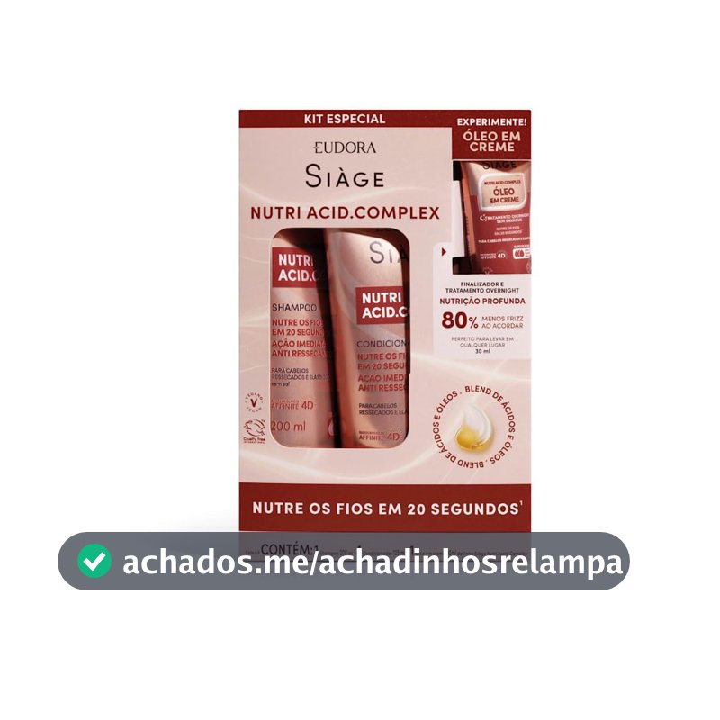 Eudora Siàge Promopack - Kit Nutri Acid.Complex: Shampoo 200ml + Condicionador 125ml + Óleo em Creme 30ml