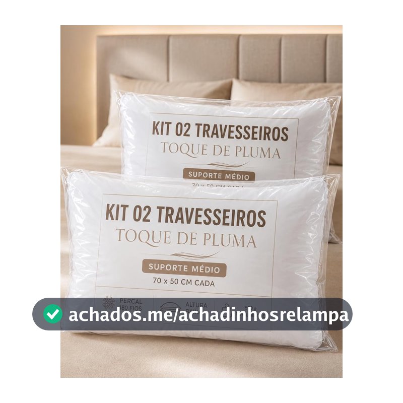 Kit 02 Travesseiros Toque de Pluma Pena Medio Percal 180 Fios com Algodão 70x50cm Antiestresse, Lavável, Antiácaro, Antialérgico
