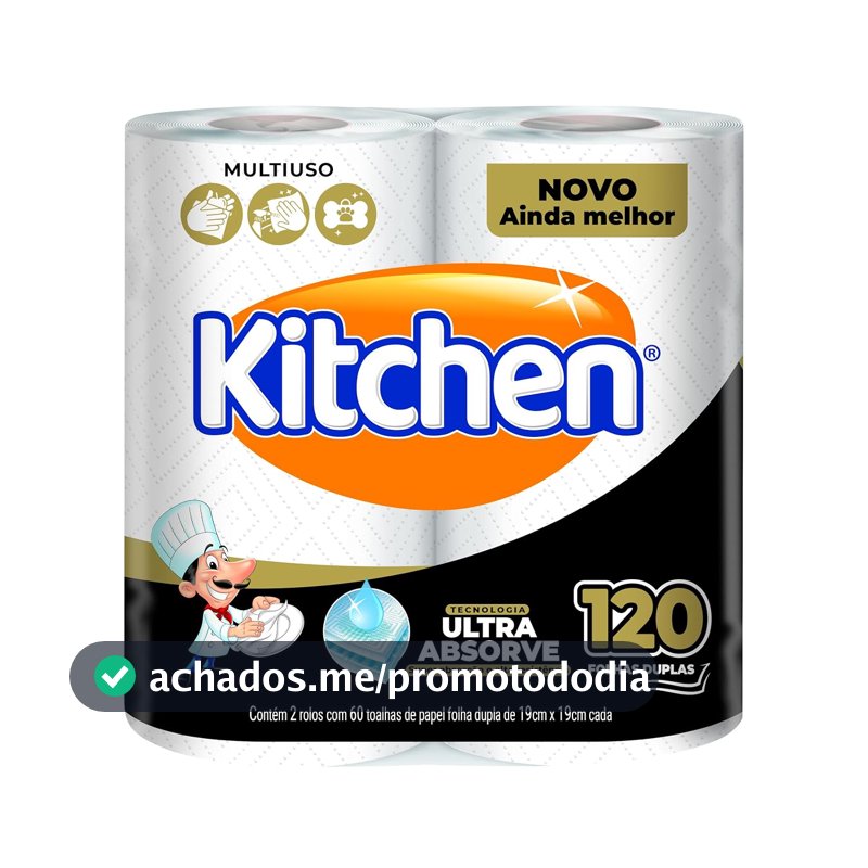 Papel Toalha Kitchen Folha Dupla - Pack com 2 rolos de 60 unidades de 19x22 cm cada