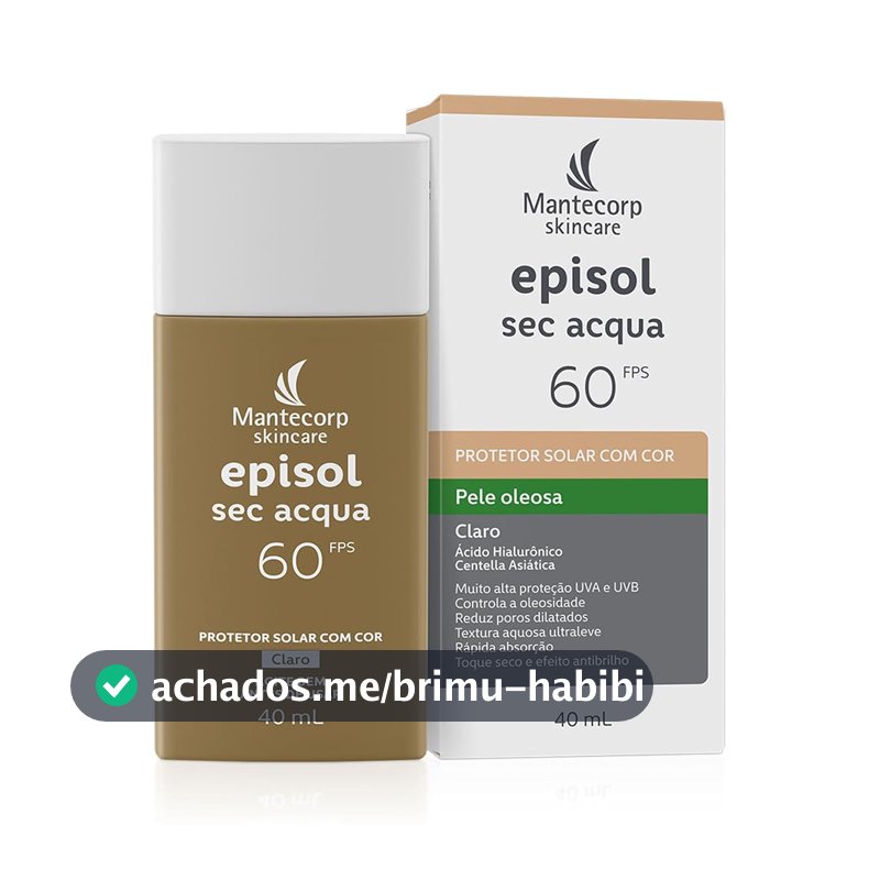 Mantecorp - Protetor Solar Episol Sec Acqua FPS 60 Claro - Base Aquosa Ultraleve com Cor - Proteção e Controle da Oleosidade - 40ml