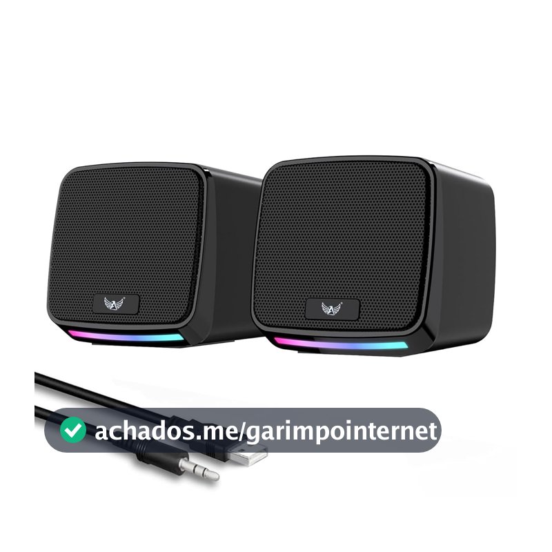 Alto-falantes RGB para PC, alimentação USB, conector de áudio de 3,5 mm, compacto, preto