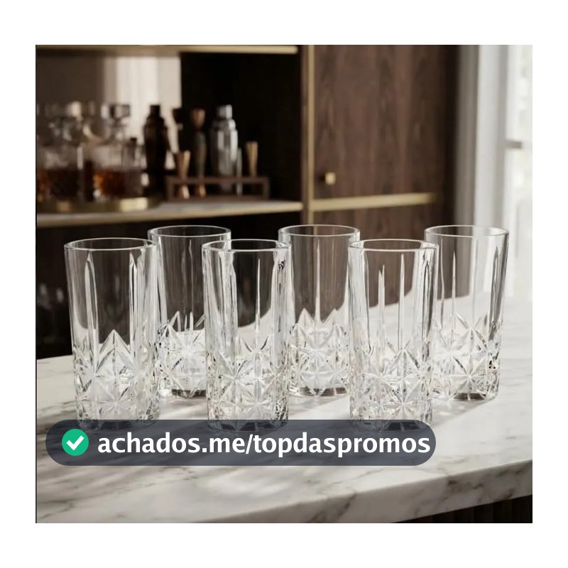 Jogo de 6 Copos de Vidro Requinte 370ml Premium, Kit Copos Elegantes com Detalhes em Filetes e Base Decorada, Design Sofisticado, Ideal para Água, Suco, Refrigerante, Drinks e Mesa Posta