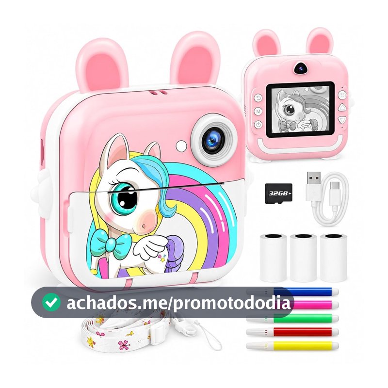 Câmera Infantil com Impressão Instantânea, 32GB, Vídeo 1080P, Rosa