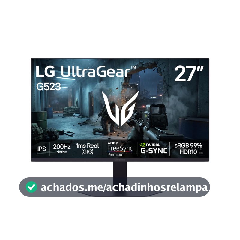 LG UltraGear Monitor Gamer 27" IPS 200Hz, 1ms (GtG), Full HD (1920x1080), HDR10, NVIDIA G-SYNC AMD, FreeSync Premium, sRGB 99%, Preto - 27G523B