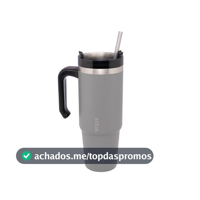 WOLFF Caneca Térmica Parede Dupla SlimTerm com Base Ergonômica e Canudo Cinza 890ml