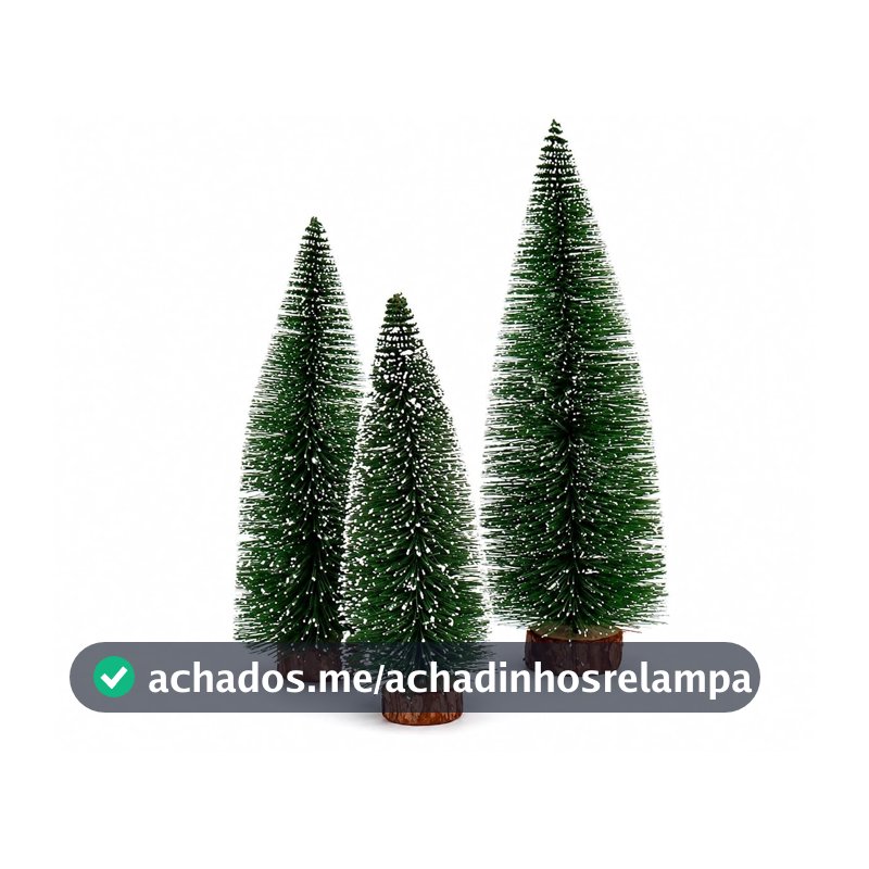 Kit 3 Mini Arvores de Natal Pinheiro Rústico Nevado Enfeite de Mesa Base Tronco Natural