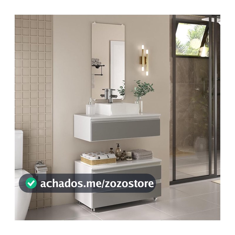 Gabinete Banheiro Creta 80cm (02 armários + cuba + espelho) (Branco/Cinza)
