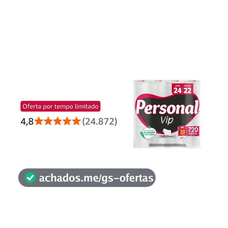 Personal VIP - Papel Higiênico Folha Dupla, Branco 24 unidades (Embalagem pode variar)