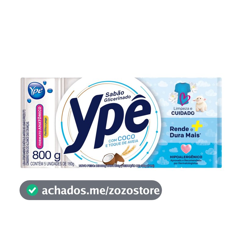 Ypê Sabão em Barra Glicerinado Coco e Toque de Aveia 800g - 5 Unidades de 160g