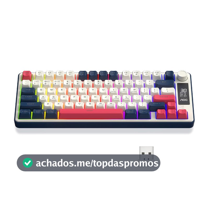 AOC GK280 Teclado sem fio 70%, Bluetooth Trimodo /2.4 GHz/USB-C, Teclado Gamer RGB LED Rainbow, Ideal para Jogos e Digitação, Ergonômico, Bateria Recarregável