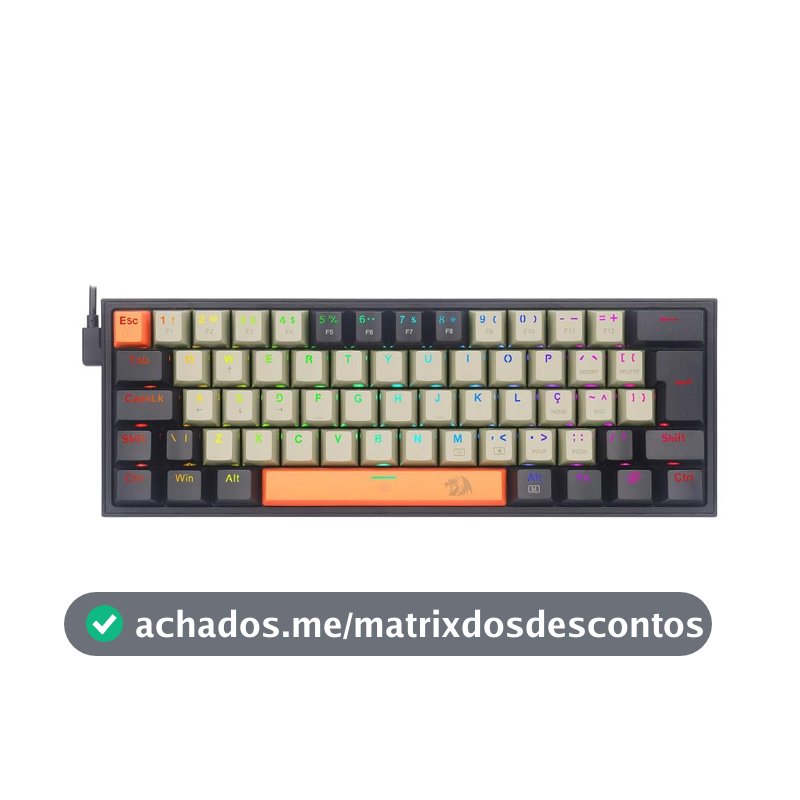 Teclado Mecânico Gamer Redragon Fizz 60% RGB Switch Marrom ABNT2 Laranja Cinza Preto K617RGB-OG GY BK