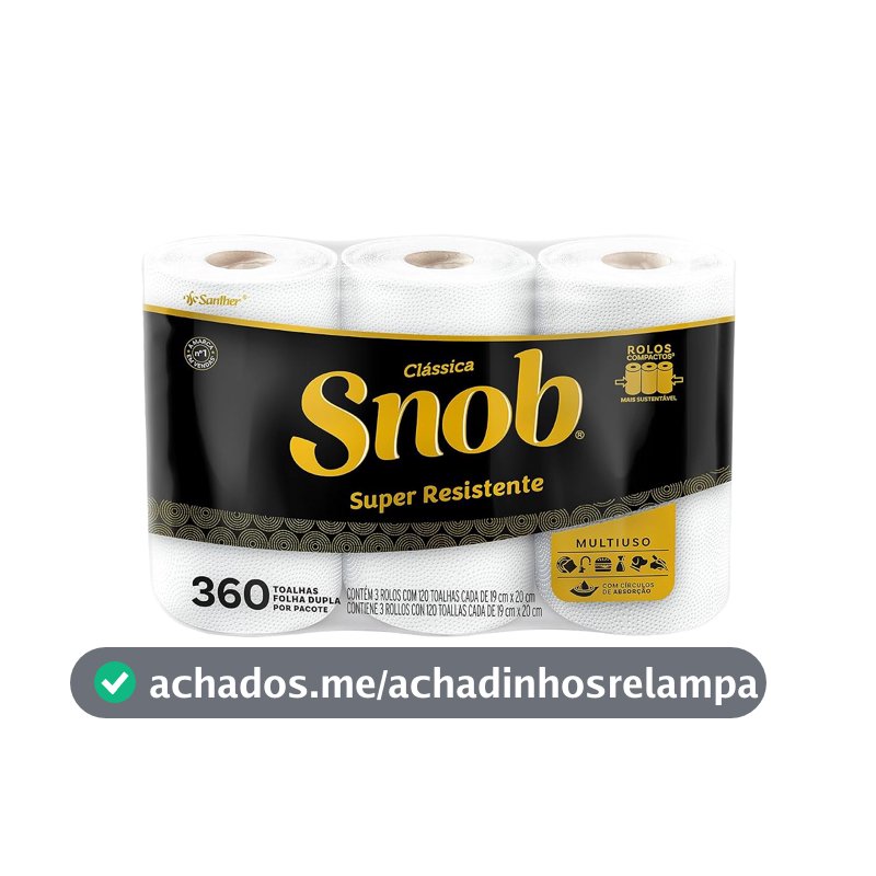 Snob Papel toalha multiuso folha dupla branca hiper 360fls, 3 rolos