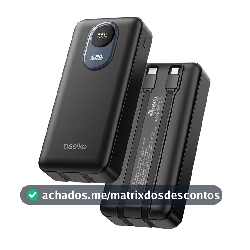 Basike Power Bank 20000mAh, Carregador Portátil, 2 Cabos Integrados (Preto)