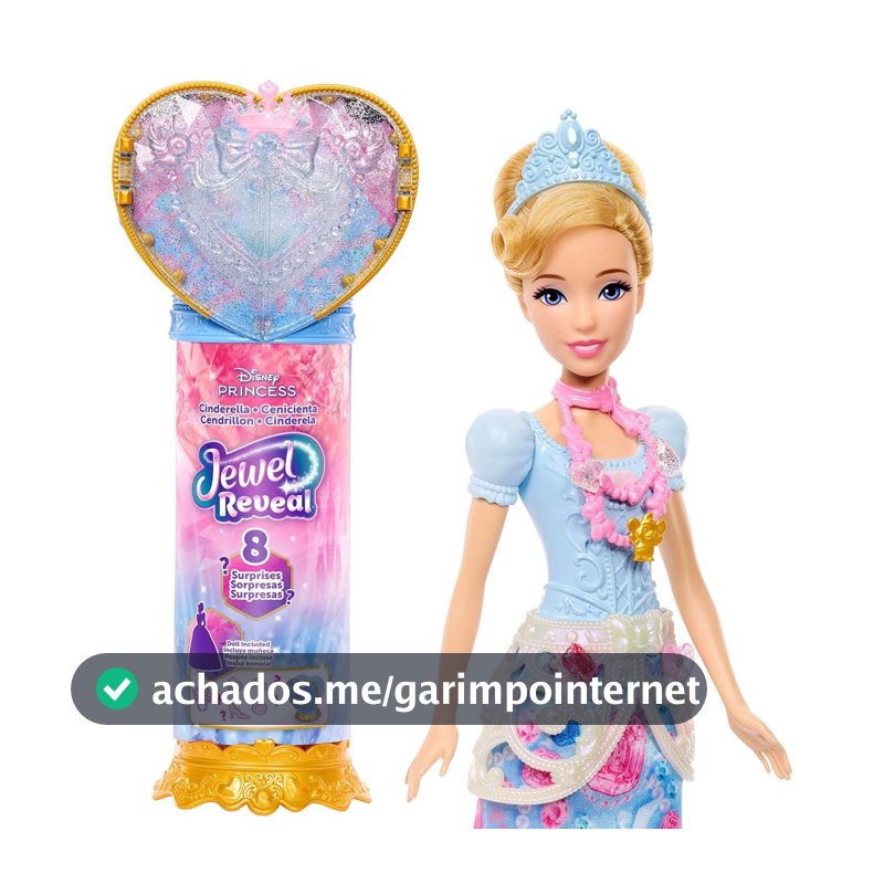 Disney Princesa Cinderela Jewel Reveal, Boneca Surpresa Com Joias E Acessórios Mágicos, Kit De Desbloqueio Com Coração Azul E Caixa De Joias