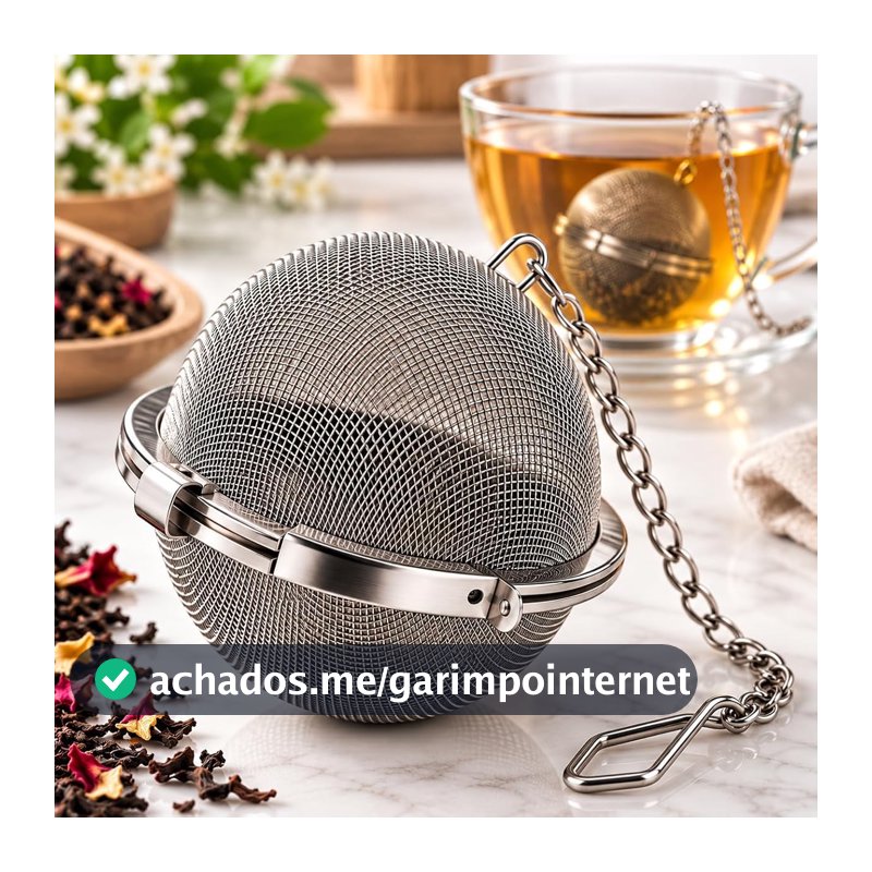 Infusor de Chá Aço Inox com Tela Ultrafina 4,5cm e Corrente - Peneira Coador Esfera Reutilizável para Chás, Ervas e Especiarias - Folhas Soltas - Fácil Limpeza - Xícaras, Canecas e Bules - Prata