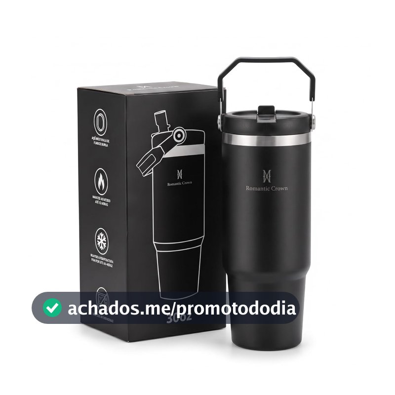 Copo Térmico 900mL em Aço Inoxidável com Canudo, Tampa e Alça (Preto)