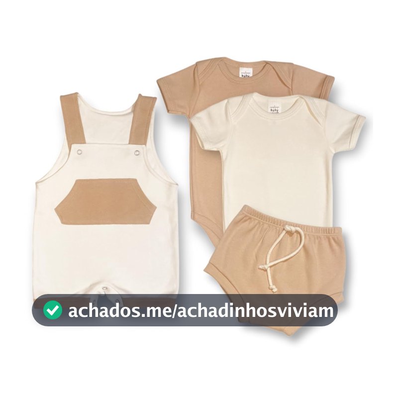 KIT Enxoval Brisa com 4 Peças Suedine 100% Algodão Jardineira, Tapa Fralda e Body Bebê