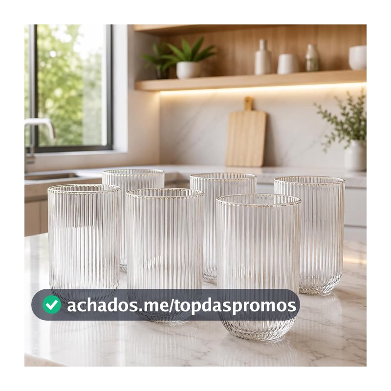 Kit 6 Copos de Vidro Canelado 420 ml com Borda Dourada para Água, Sucos e Drinks, Mesa Posta Elegante