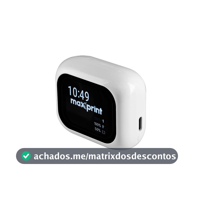 Fone de Ouvido Bluetooth TWS Branco com Cancelamento de Ruído ANC e Display Touch – Maxprint FBT3002
