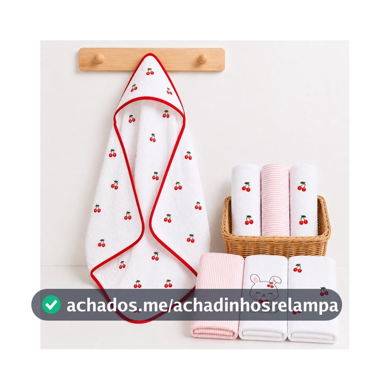 Kit Enxoval Bebê Toalha com Capuz, Cueiro e Paninho Cerejinha