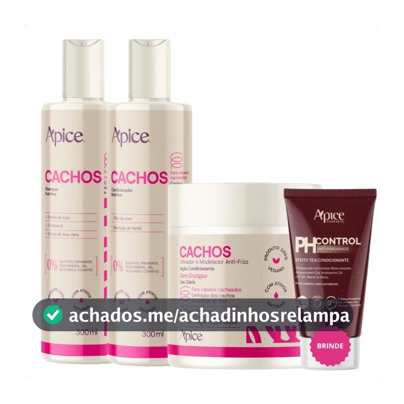 Kit Cachos Ápice com Shampoo, Condicionador, Ativador de Cachos e PH Control 50g Definição Nutrição e Ação Antifrizz Controle Porosidade Cachos Definidos