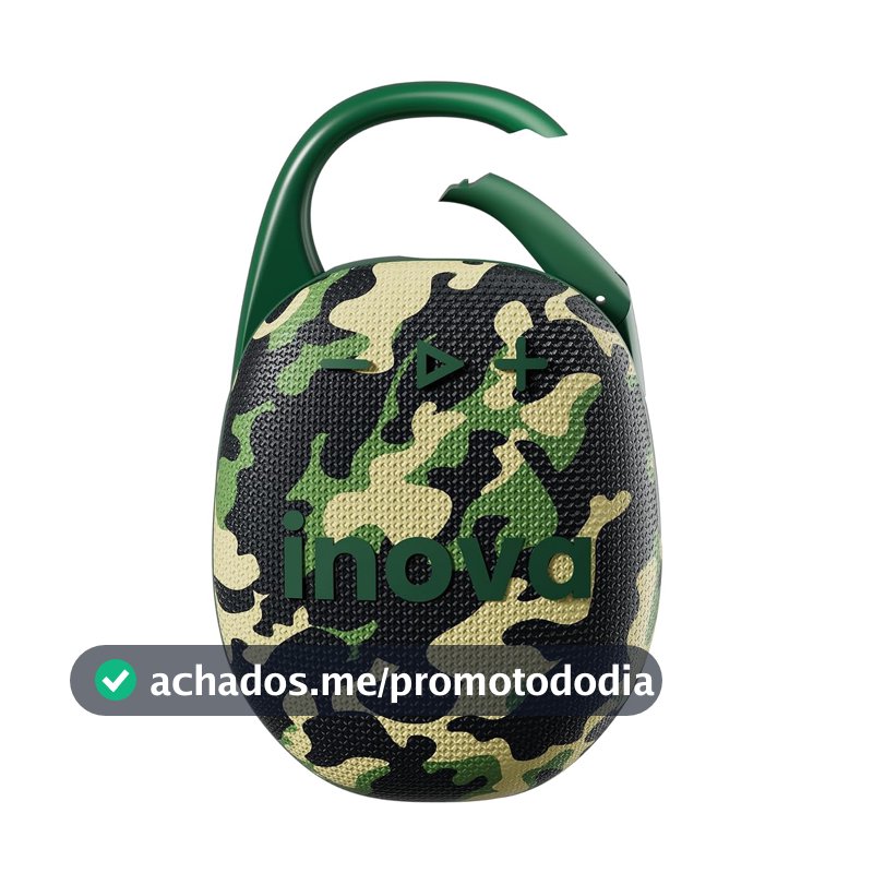 INAVA Caixa de Som Bluetooth, Clip 5, Som Estéreo, 12 Horas de Reprodução, Conectividade Bluetooth 5.4, IPX6, Mosquetão Integrado, Ideal para Praia, Quarto e Viagens ao Ar Livre (Camuflagem)