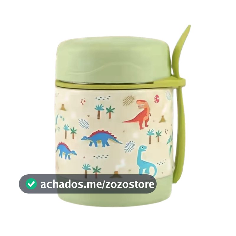 Pote Térmico c/colher - 300ml Hermético - Aço Inox com parede dupla e Isolamento à vácuo - Ideal para Frutas Sopas Papinha Marmita - Quente e Frio (Dinossauros - Verde)