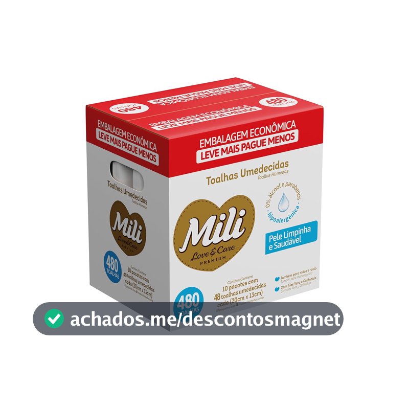 Mili Toalhas Umedecidas Love & Care Premium, Uso Bebê, Aloe Vera e Calêndula, Pack com 10 Pacotes (48 Unidades cada)