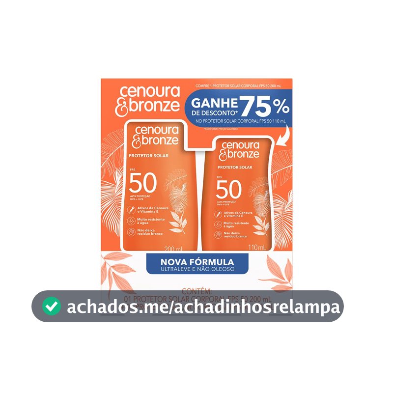 Protetor Solar Líquido Cenoura e Bronze, FPS 50, Kit com 2 Unidades
