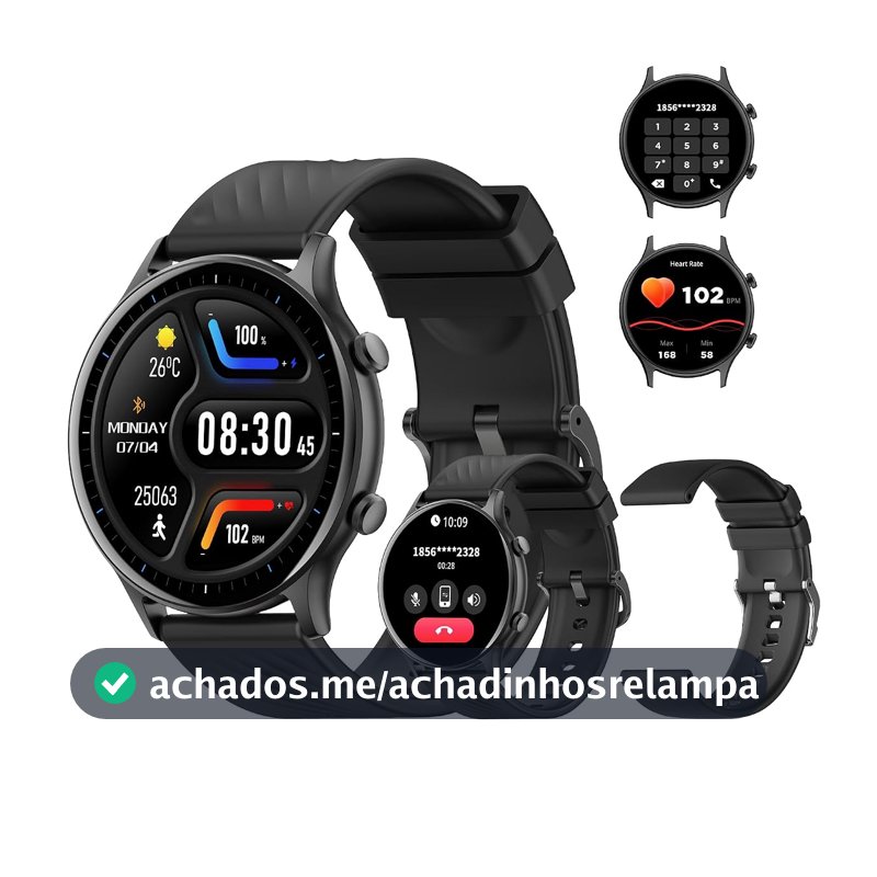 Smartwatch PEJE ZW04, Tela Touch 1.39", Alexa, Chamadas Bluetooth, 123+ Modos Esportivos, Compatível iOS/Android, 2 Pulseiras, Preto