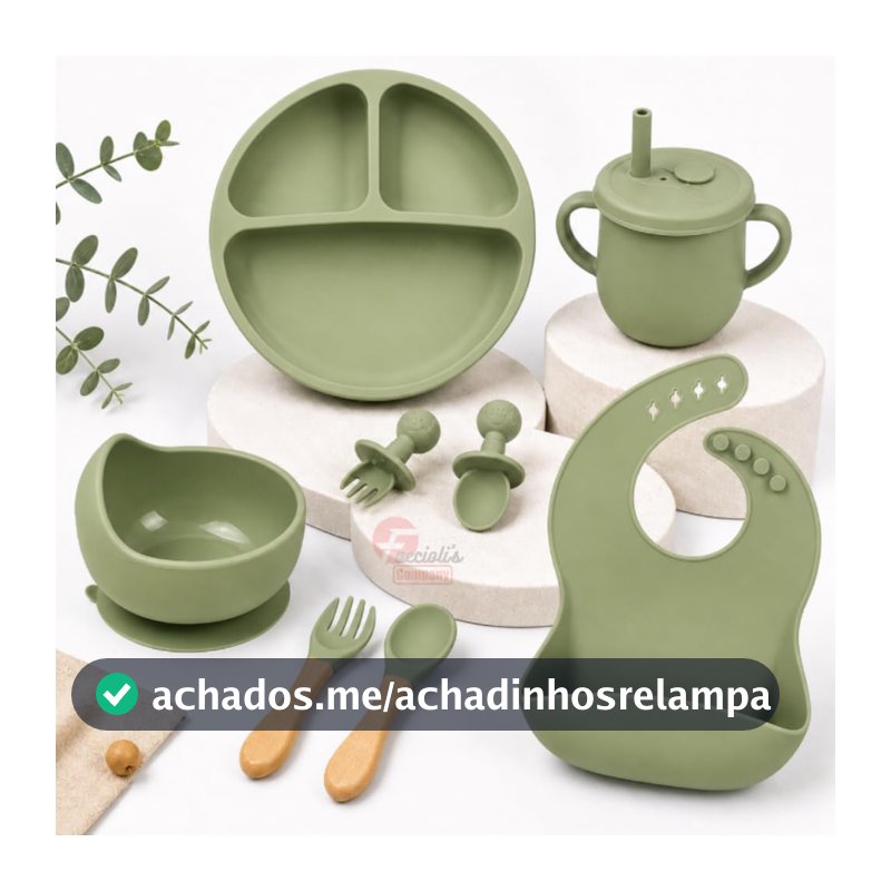 Kit Introdução Alimentar Bebê 8 Peças de Silicone e Sem Pontas para Iniciação de Alimentos Livre de BPA Atóxico - Colher, Garfo, Copinho, Pote e Pratinho - Linha Premium (Kit Verde Militar)
