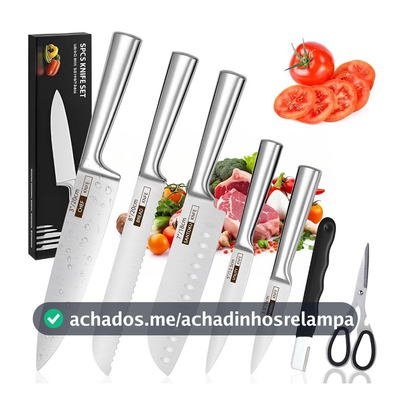 Conjunto de 7 Facas Profissionais em Aço Inoxidável 3CR13, Ultra Afiadas (V-Sharp 15°), Lâminas Inteiriças, Antiferrugem, Design Ergonômico – Inclui Chef, Pão e Churrasco – Garantia de 10 Anos