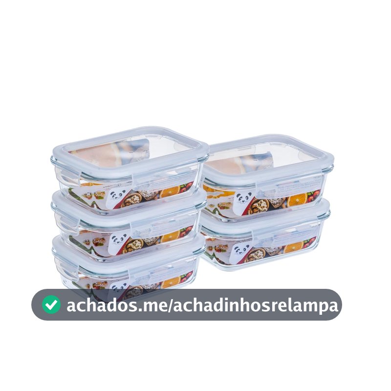 Kit com 5 Potes de Vidro Gato Panda, 640 ml, Retangular, com Tampa Hermética, Branco