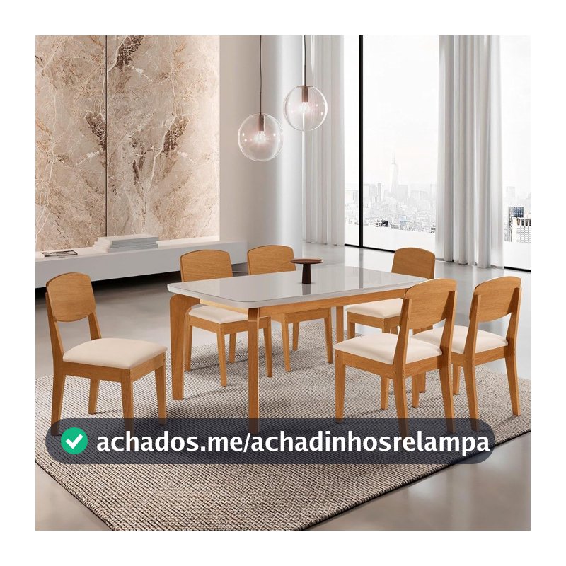Conjunto Sala de Jantar Mesa Dublin Tampo MDF 180cm Canto Copo com Vidro e 6 Cadeira Cleo Yescasa Marrom/Veludo Creme/Marromle/Off White/Serig Veludo Creme/Naturalle/Off White/Serig OFF