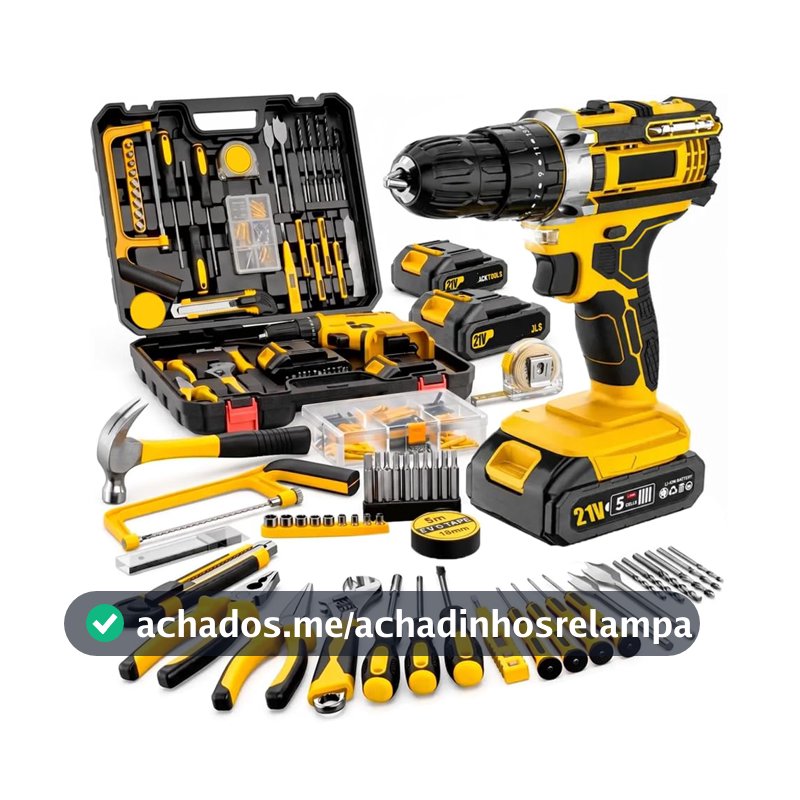 Maleta Completa Kit Ferramentas com Parafusadeira Furadeira de Impacto Sem Fio com 2 Baterias Recarregáveis Brocas Chaves Alicates Trena Martelo Uso Doméstico e Profissional