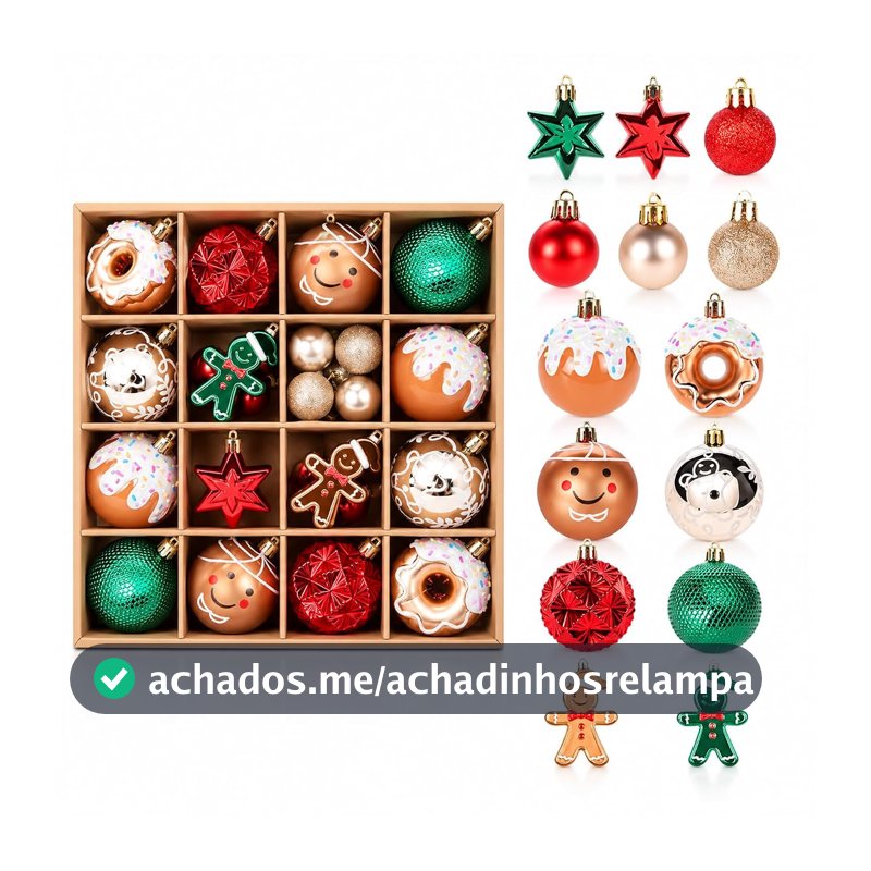 Kit 42 Enfeites de Natal para Árvore Decoração Natalina com Bolas Estrelas e Bonecos de Gengibre Vermelho Verde e Dourado para Árvore Guirlanda Mesa e Vitrine
