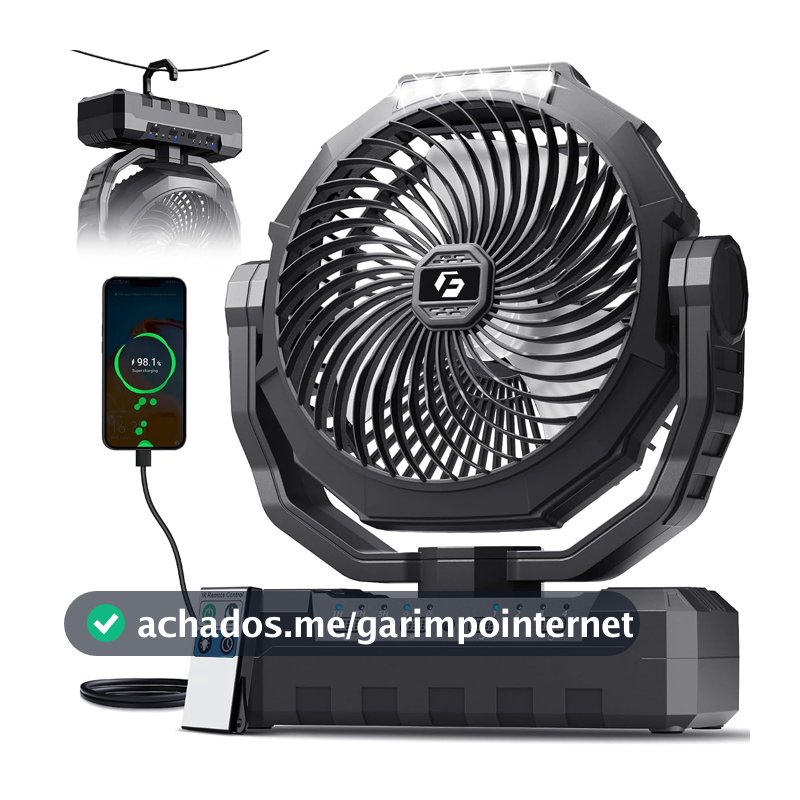 FRIZCOL Ventilador de acampamento 3 em 1 - ventiladores portáteis recarregáveis - Ventilador alimentado por bateria de 24000 mAh com luz e controle remoto para interior, exterior, barraca, viagem