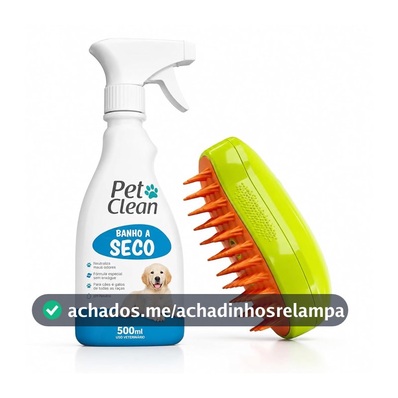 Kit Banho a Seco Pet 500ml + Escova a Vapor para Cães e Gatos