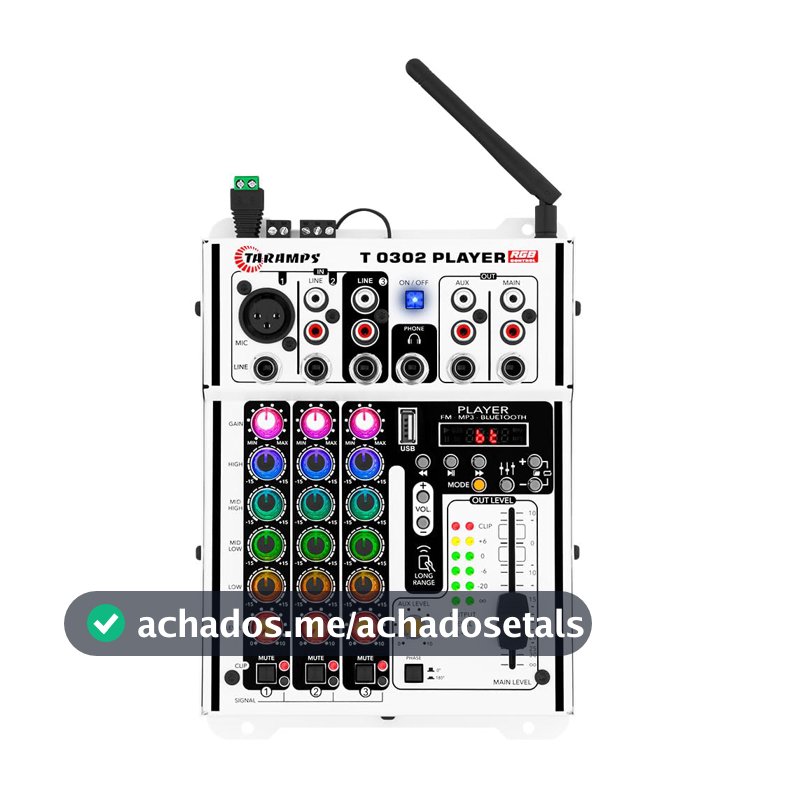 Mesa de Som Taramps T0302 Player, Bluetooth, Equalizador 4 Bandas, MP3, USB, FM, 12V, 3 Entradas, 2 Saídas, LED RGB