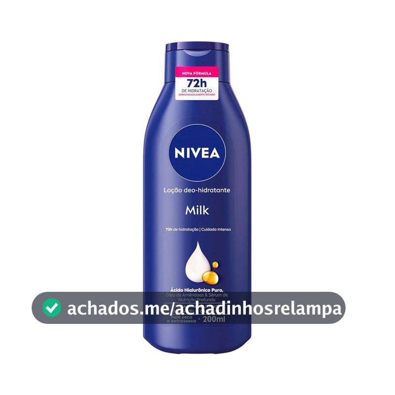 NIVEA Loção Deo-Hidratante Milk 200ml, Hidratação Profunda 72h, Corporal, Hialurônico Puro, Pele Seca e Extrasseca