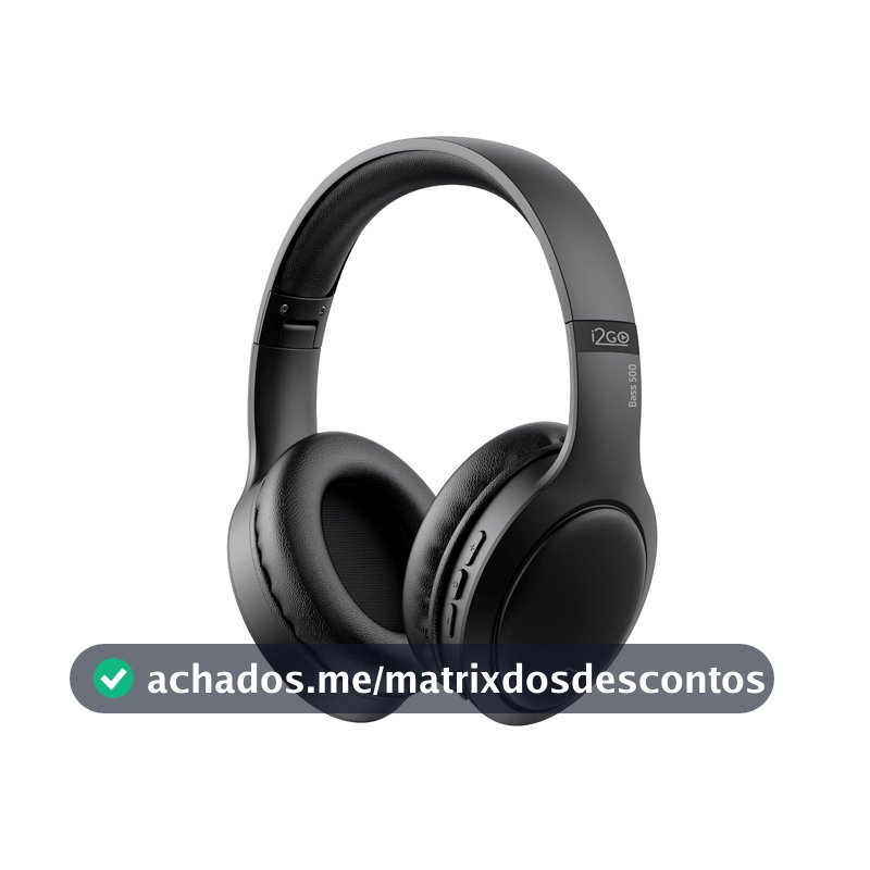 I2GO, Headphone Bass 500, Bluetooth, Microfone Integrado, Controle Multimídia, Até 30h de bateria, Entrada cabo auxiliar P2 (incluso), Dobrável, Preto, i2GO PRO
