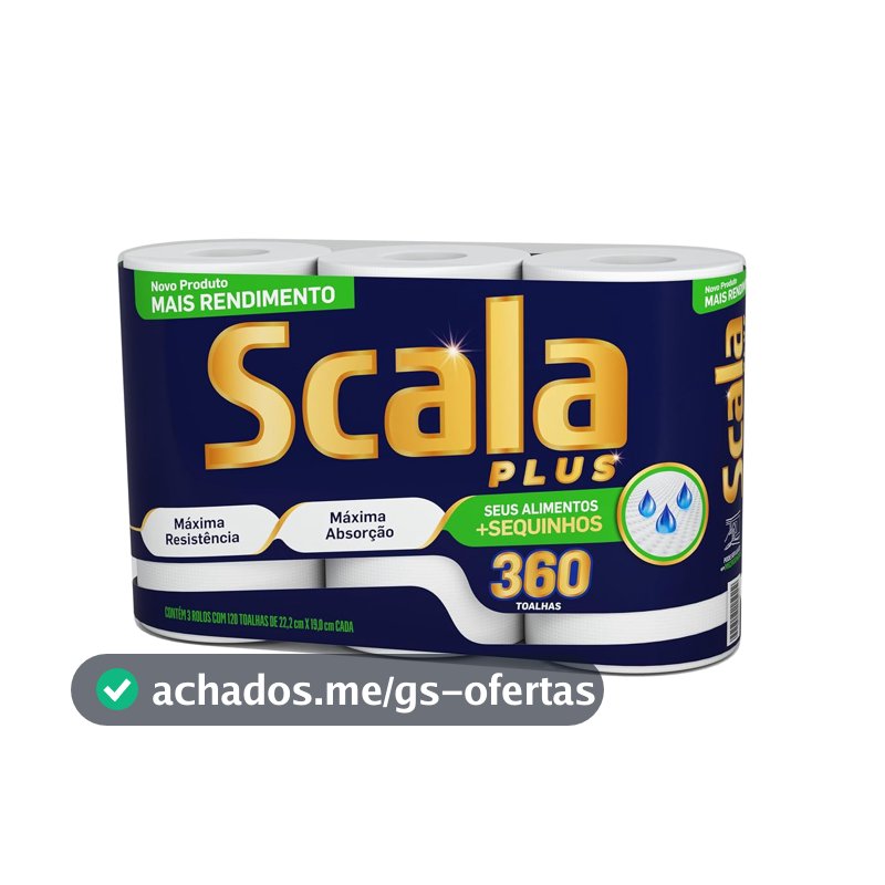 Scala Plus Papel Toalha Mega, 360 Toalhas (3 Rolos de 120 Toalhas Cada)
