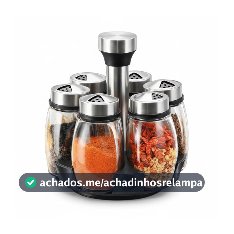 Kit com 6 Potes de Vidro, Jogo de Frascos para Temperos com Tampa Inox e Suporte Giratório – Organização e Praticidade na Cozinha Premium