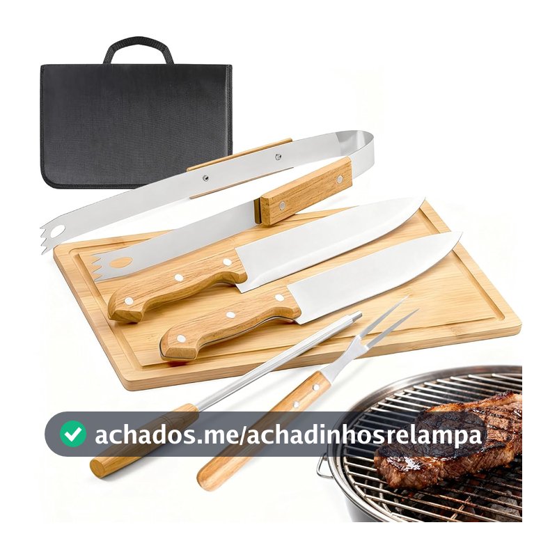 Jogo de Churrasco Tradicional 6 Peças, Kit Churrasco Premium com Tabua, Faca Churrasco, Garfo Trinchante, Pegador para Carne e Afiador, Kit Churrasqueiro com Estojo Portátil, Ideal para Camping
