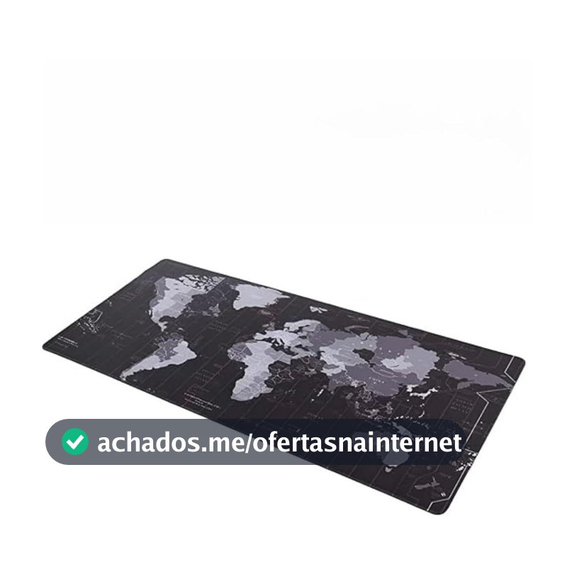 Mouse Pad Gamer 80x30, Mapa Mundi, Base Antiderrapante, Preto e Cinza, Grande, Escritório e Gaming