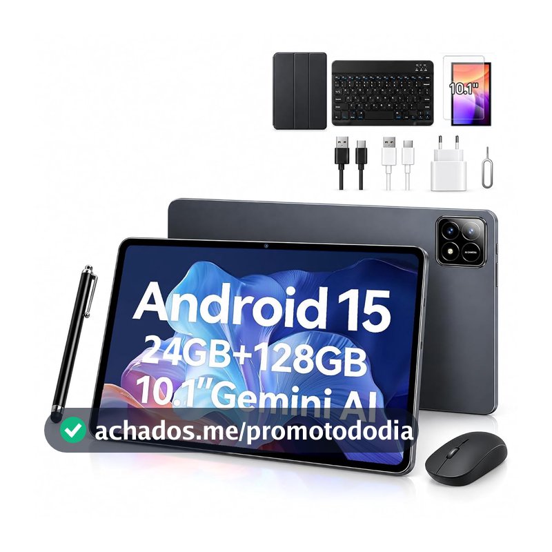 Tablet Xixaomiro Pad 10.1" Android 15, 128GB ROM + 24GB RAM, Tela 120Hz, Octa-Core, Câmera 13MP + 5MP, Bateria 8000mAh, Kit com Teclado, Mouse e Caneta Stylus para Trabalho e Estudos (Cinza claro)