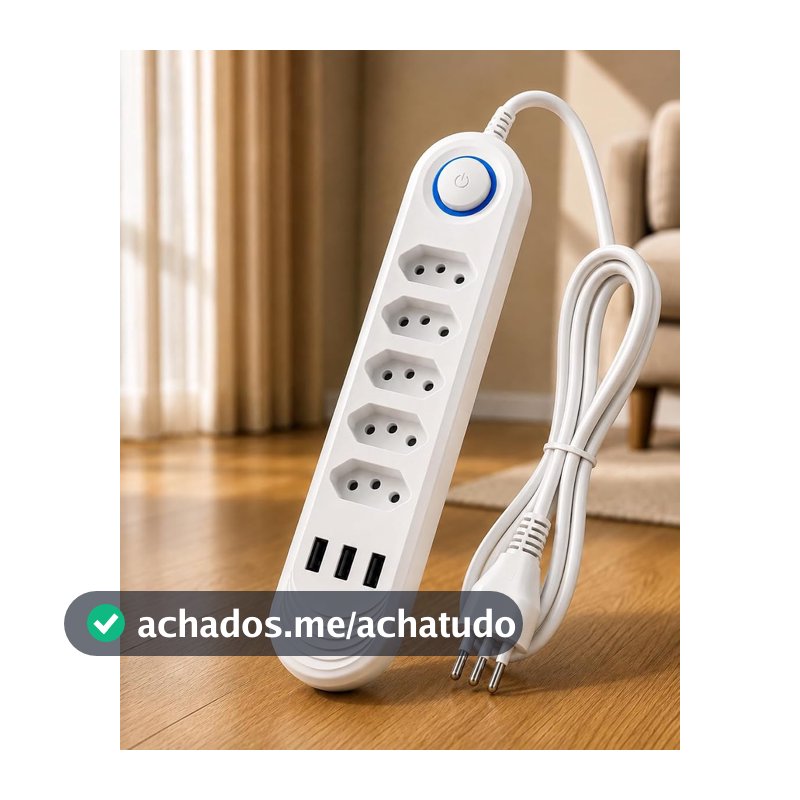 Filtro de Linha 5 Tomadas com 3 USB, Extensão Elétrica Bivolt 110V 220V, Cabo 2 Metros, Botão Liga e Desliga, Régua de Tomadas 10A 2500W para Notebook, Celular, TV, Videogame e Home Office