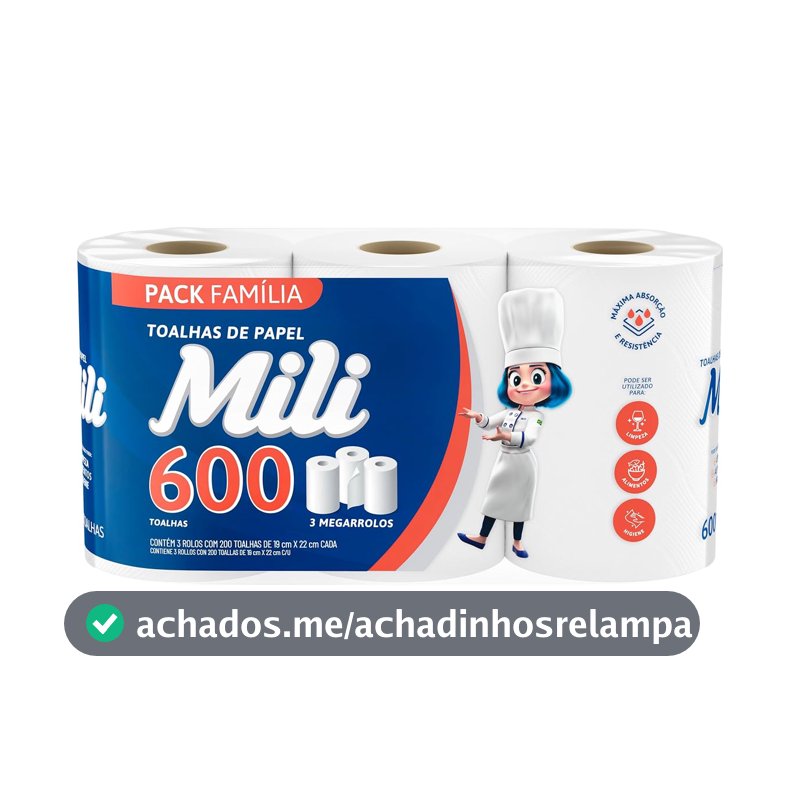 Mili Papel Toalha Folha Dupla, 3 Rolos de 200 Folhas