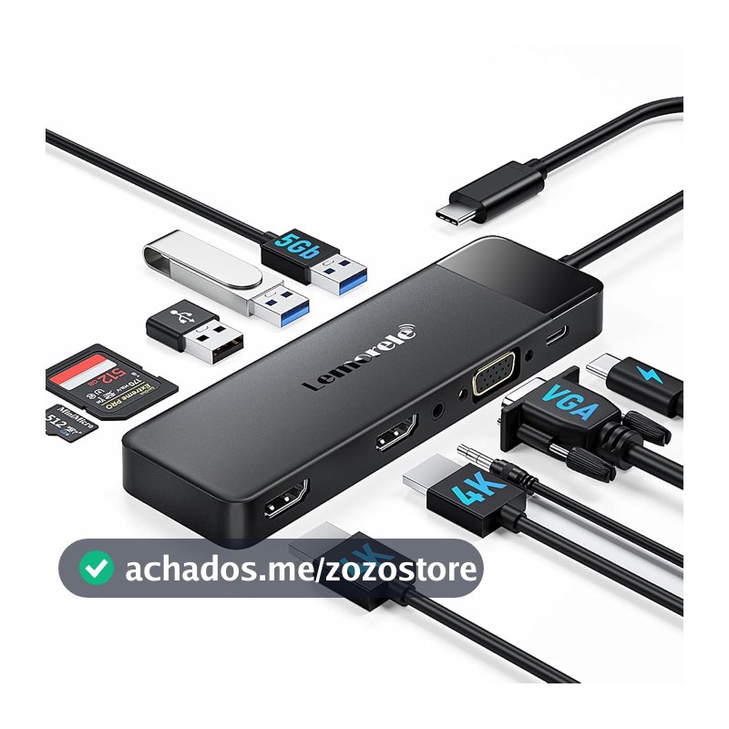 Lemorele Dock Station USB-C 10 em 1 com Suporte para 3 Monitores (2x HDMI 4K + VGA), 3 Portas USB 3.0, PD 100W, Áudio, Leitor SD/TF - Compatível com macOS & Windows
